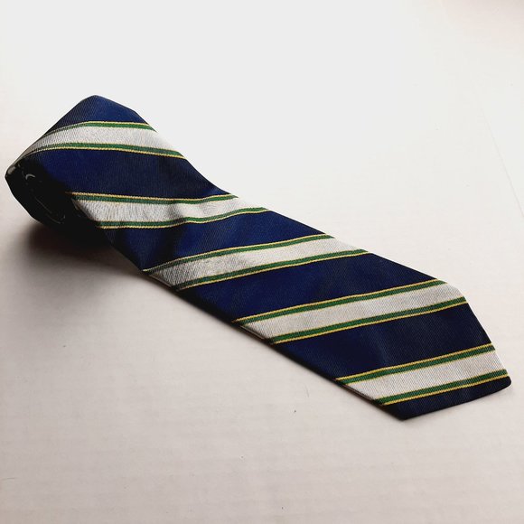 The Hub LTD Mens Tie Navy Blue Silver Green Yellow Stripes Wide Reis New Haven - Picture 1 of 5